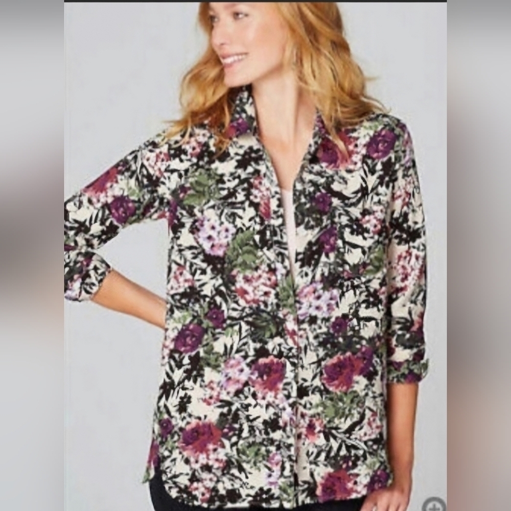 J Jill Womens Small Purple Ivory Black Pink Floral LS Blouse Shirt Cotta…